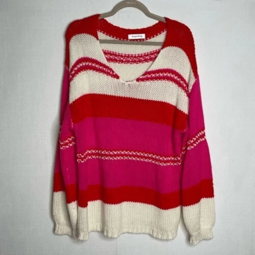 Angashion ColorBlock‎ Soft Oversized Long Sleeve V-Neck Barbie Sweater Women XL